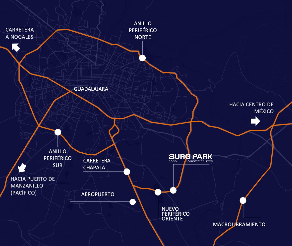 Mapa de conectividad de la bodega en renta en El Salto
